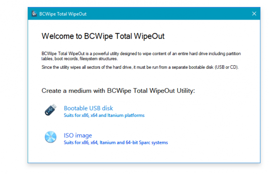 Before selling, disposing or donating used computers, securely erase hard drives with BCWipe Total WipeOut. Trusted as the de-facto standard for the U.S. DoD, BCWipe Total WipeOut erases boot records, filesystem structures and operating system files.